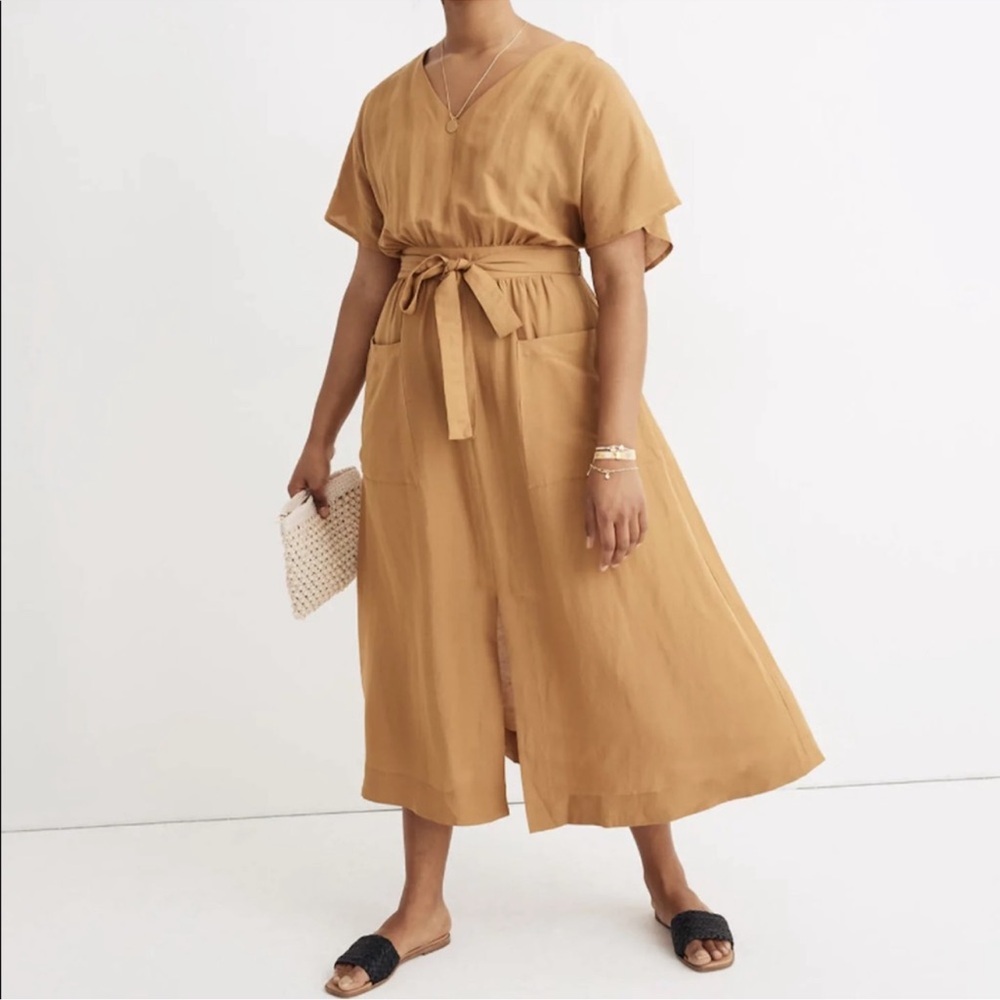 Madewell dolman linen blend dress with tie waist, midi